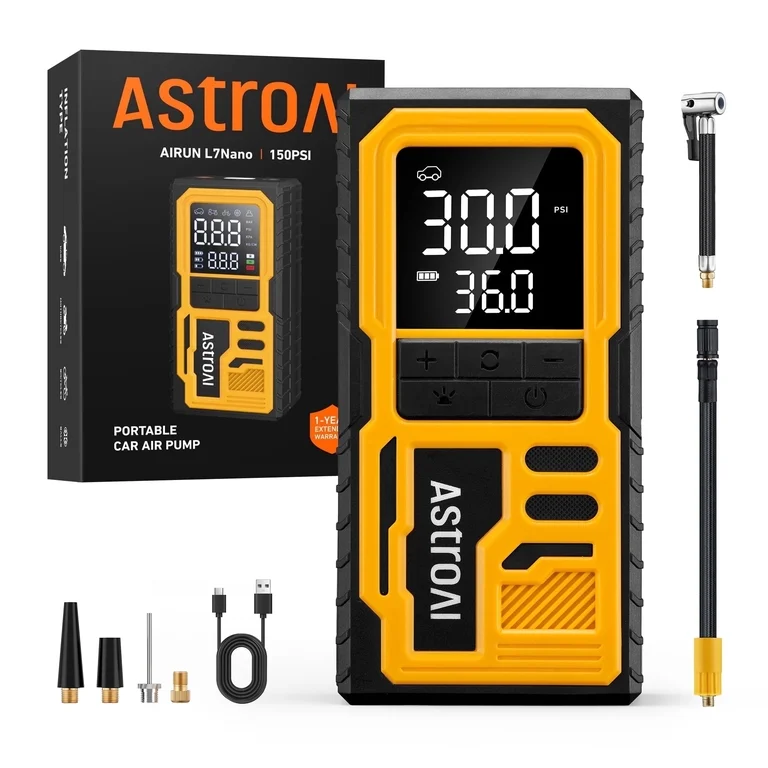 Inflador portátil AstroAI L7 amarillo y negro con pantalla digital, manguera y adaptadores