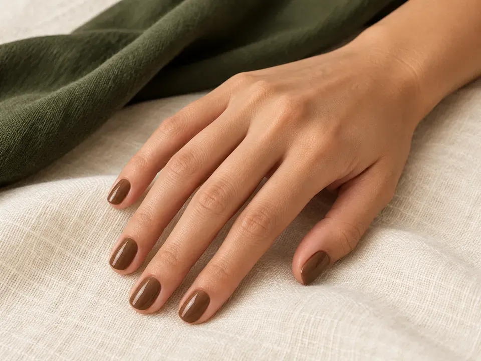 Mano con uñas cortas pintadas de marrón café sobre tejido crema y verde.