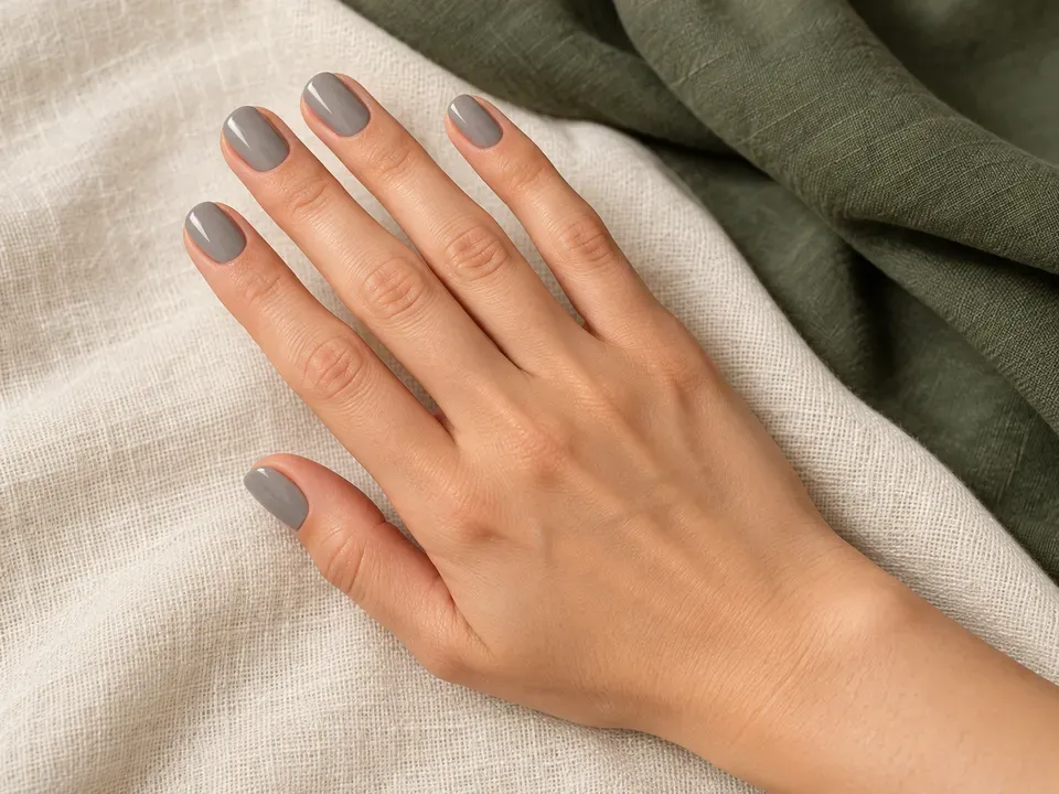Mano con uñas cortas de inspiración gris neutro, con diseño liso sobre tejido crema y verde.