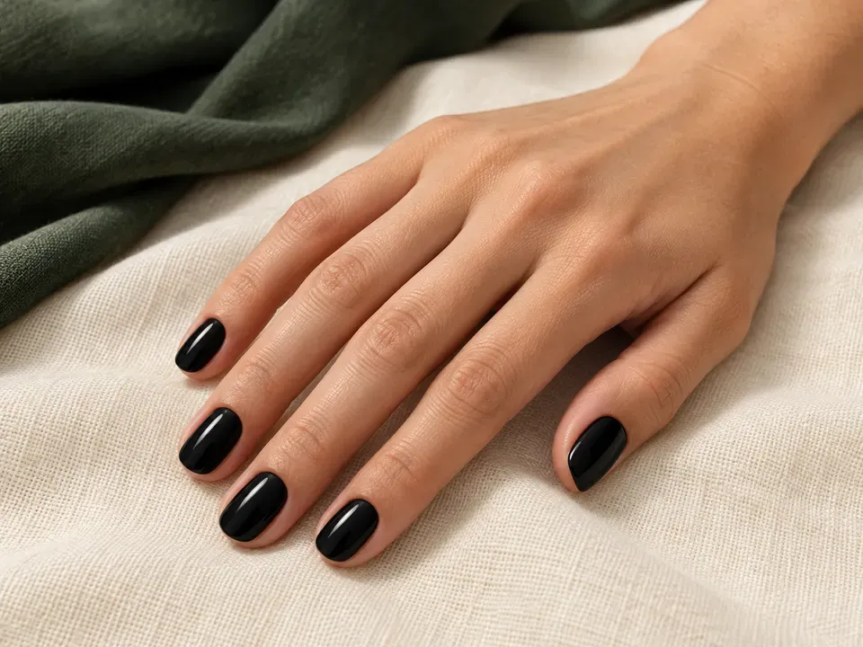 Mano con uñas cortas de inspiración negro, con diseño liso sobre tejido crema y verde.