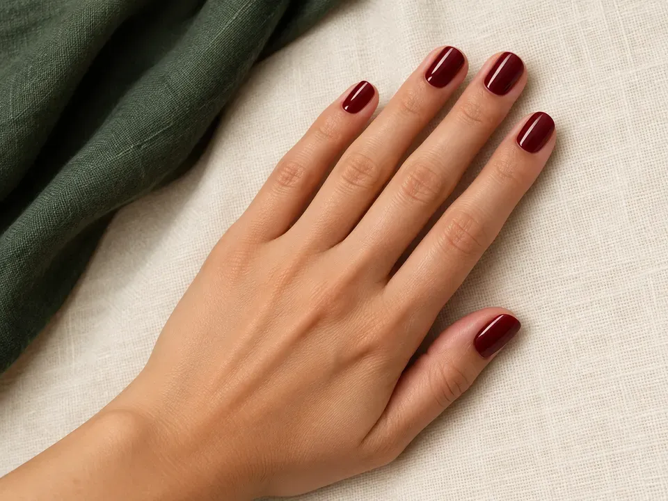 Mano con uñas cortas de inspiración rojo oscuro, con diseño liso sobre tejido crema y verde.