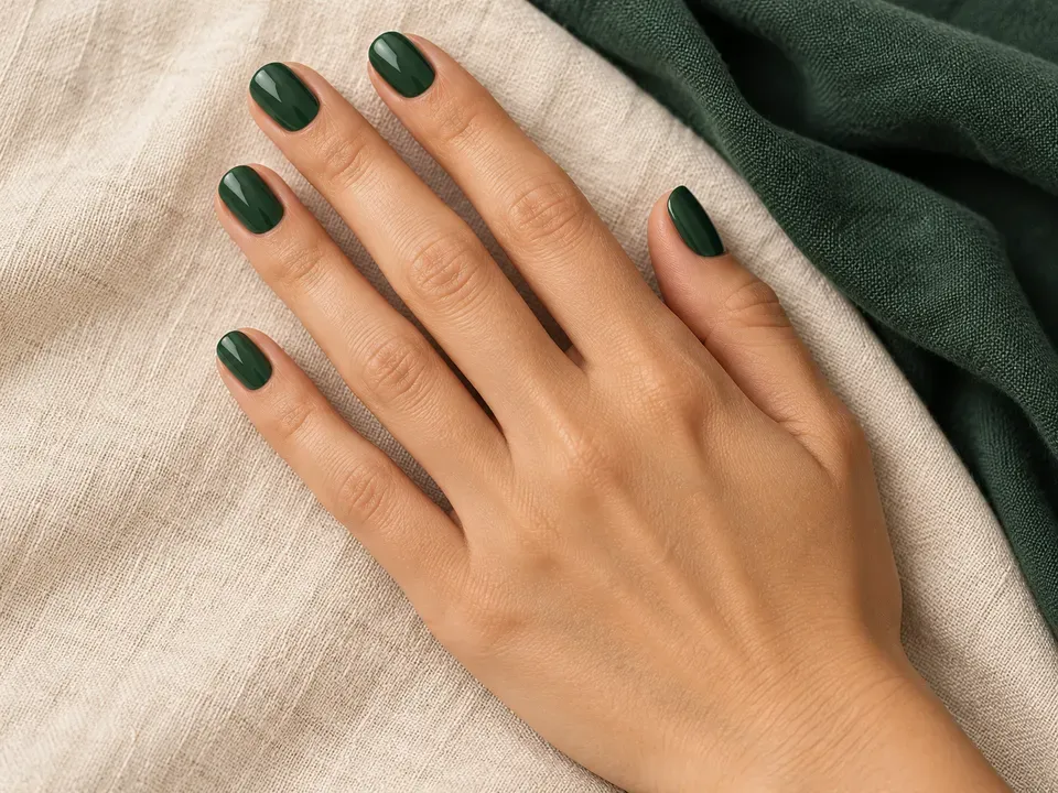 Mano con uñas cortas de inspiración verde bosque, con diseño liso sobre tejido crema y verde.