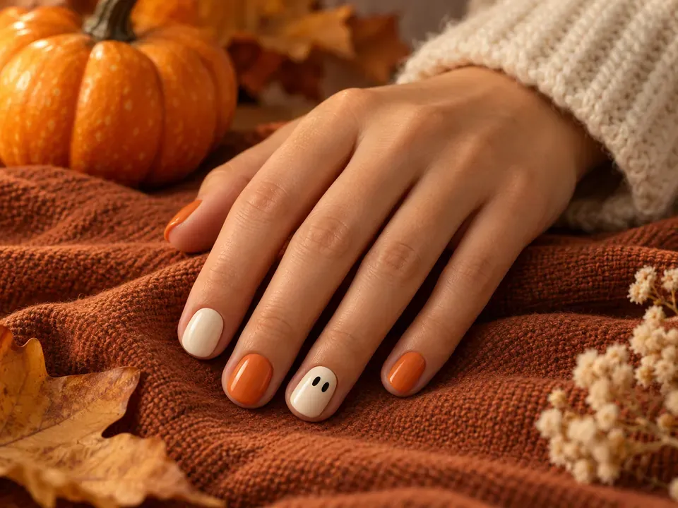 Manicura de inspiración naranja y crema con un pequeño motivo de fantasma sobre uñas cortas.