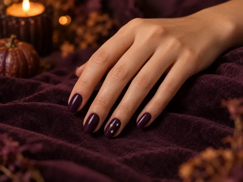 Uñas de inspiración violeta oscuro con tres pequeños motivos claros en una uña de acento.