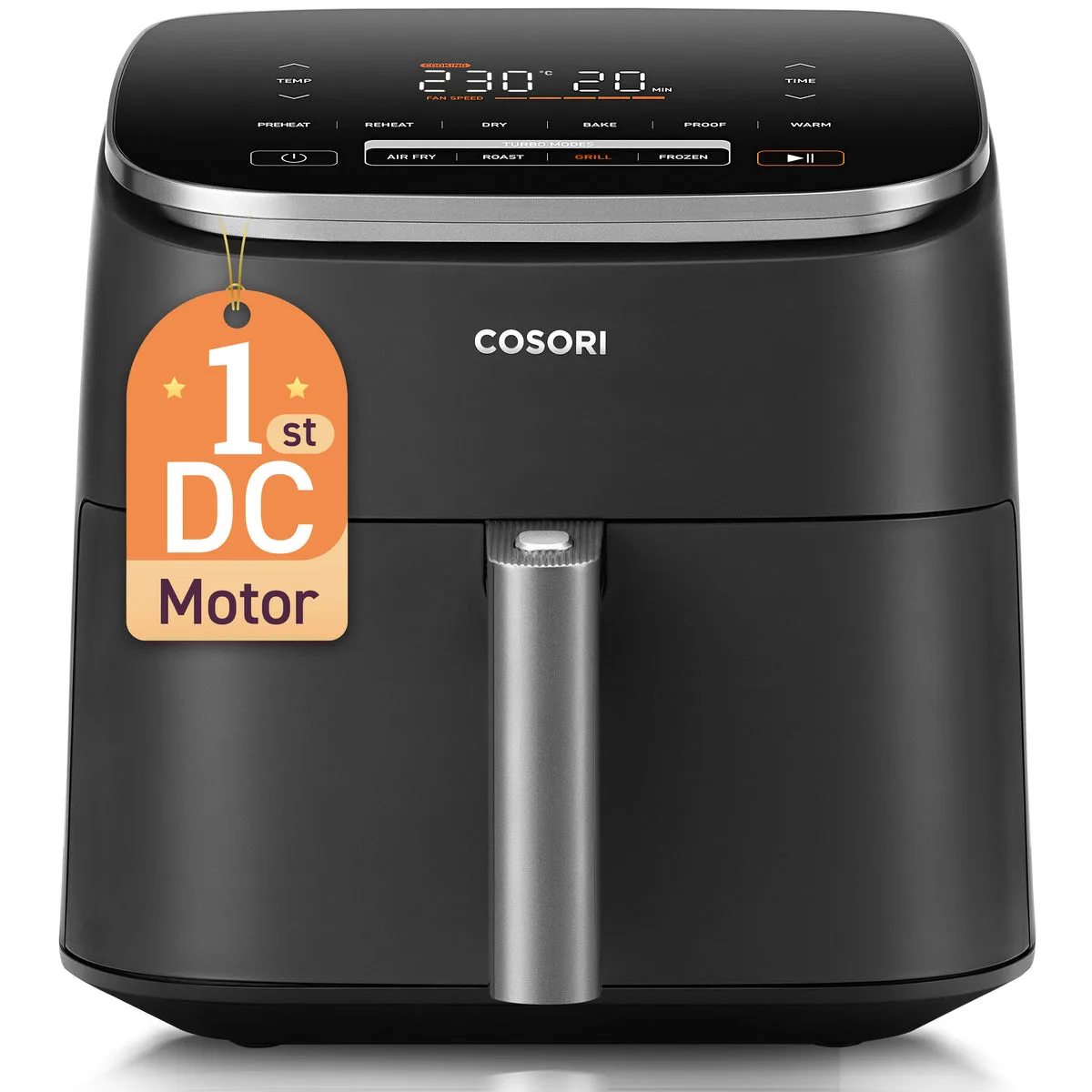 Cosori TurboBlaze 6L gris vista de frente, con una sola cesta y panel superior.